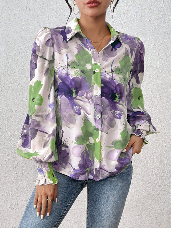 Long Sleeves Loose Buttoned Elasticity Flower Print Pleated Lapel Blouses&Shirts Tops