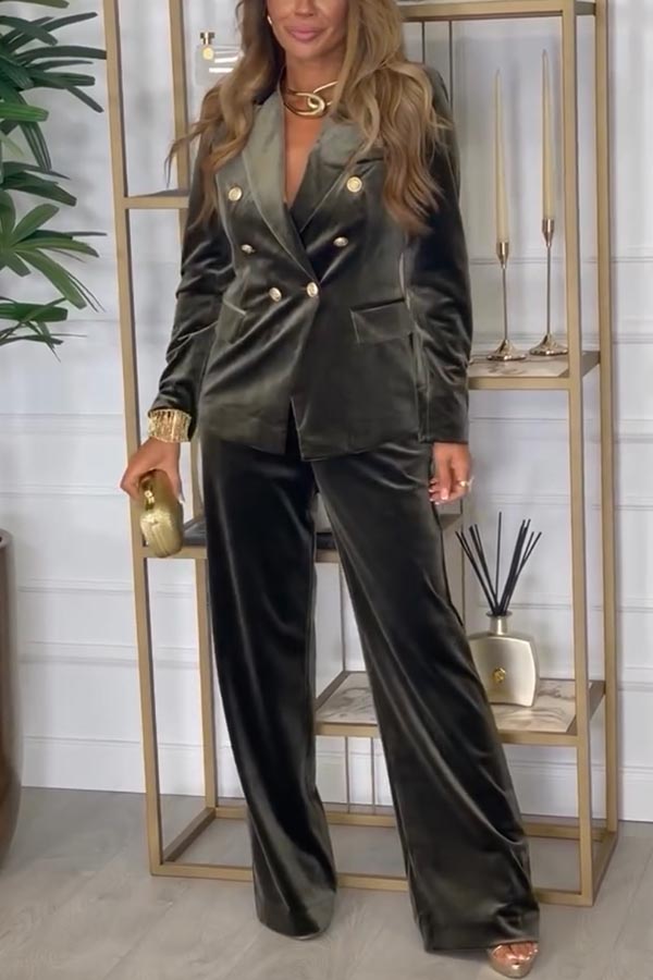 Guest of Honor Velvet Metal Buttoned Lapel Blazer and Elastic Waist Pocketsed Loose Pants Set