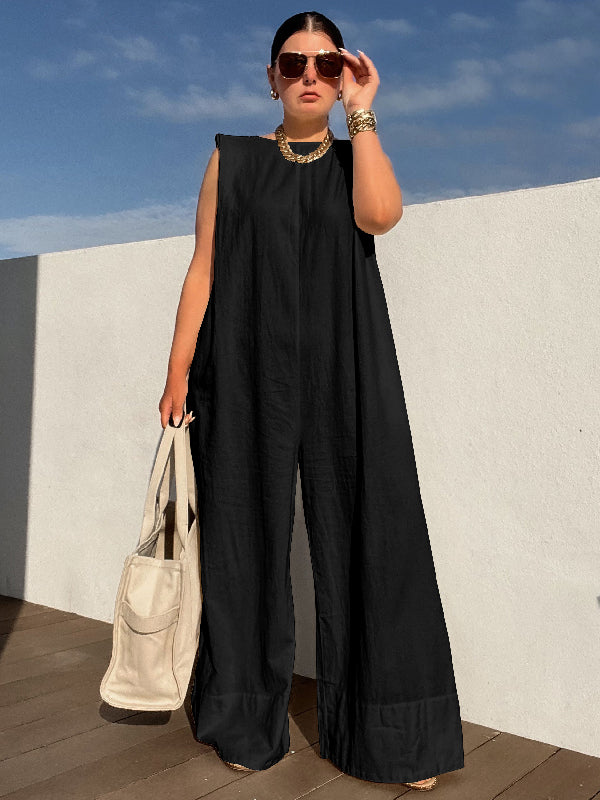 Sleeveless Wide Leg Shoulder Pad Solid Color Jumpsuits