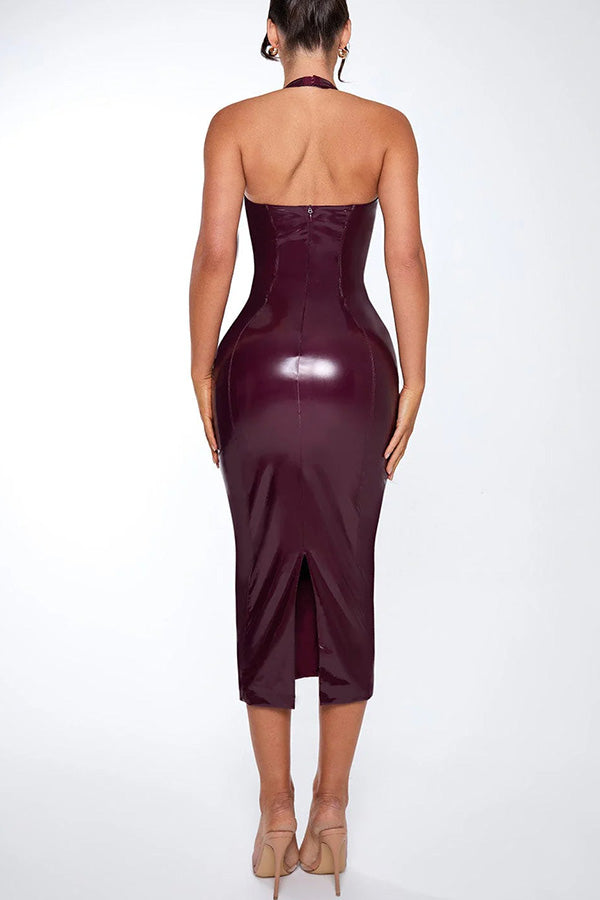 Fantasy Silhouette Shiny Faux Leather Halter Neck Stretch Midi Dress