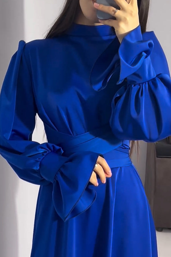 Solid Color Ruffled Sleeves Waisted Tie Slim Fit Maxi Dress