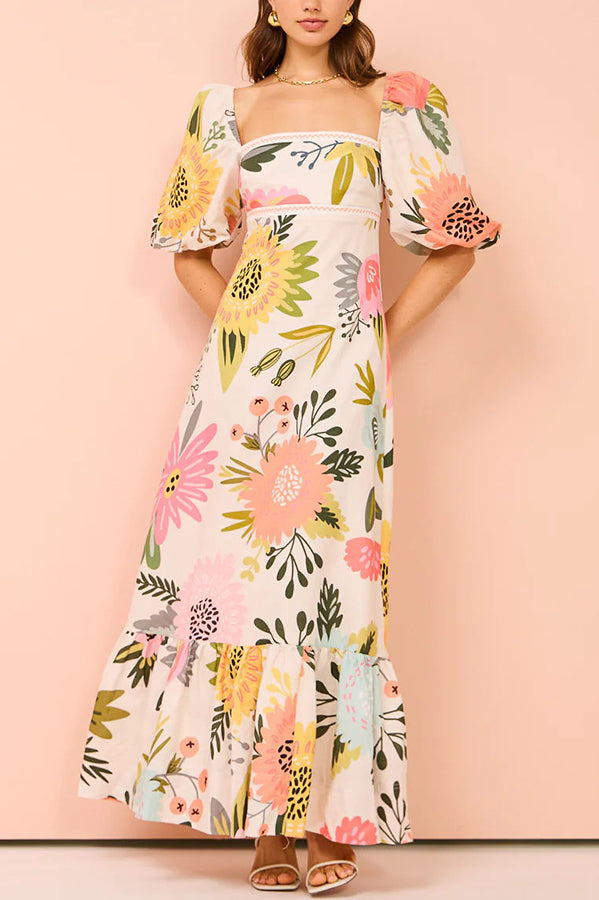 Looking for Sunshine Floral Print Square Neck Bubble Sleeve Maxi Dress