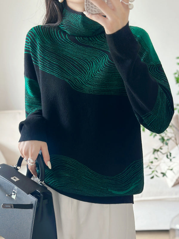 Long Sleeves Loose Contrast Color High Neck Pullovers Sweater Tops