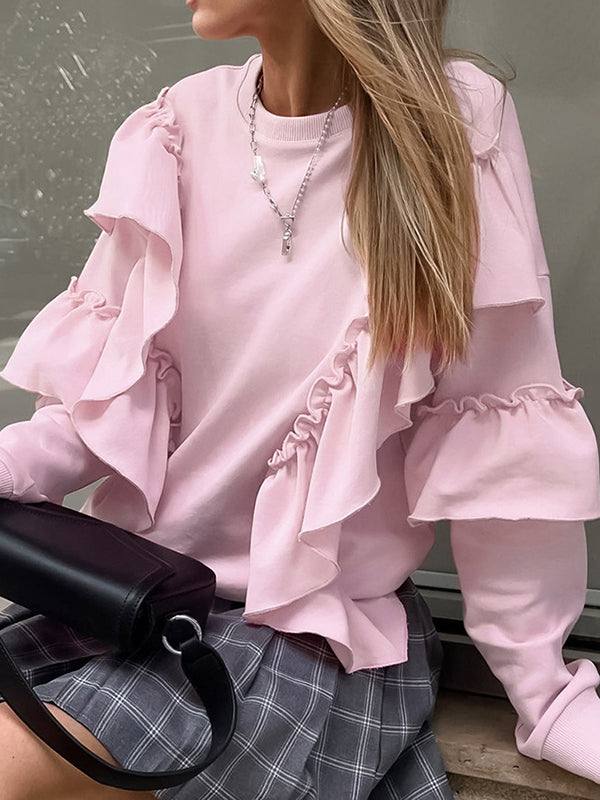 Long Sleeves Loose Ruffle Trim Solid Color Split-Joint Round-Neck Sweatshirt Tops