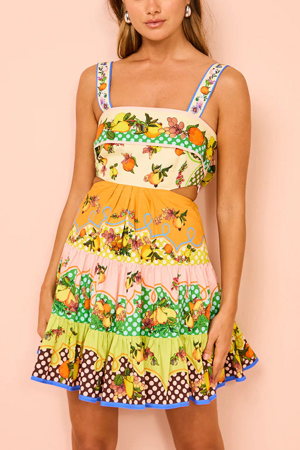 Sweet and Sour Summer Multicolor Lemon Print Pleated Hem Mini Dress