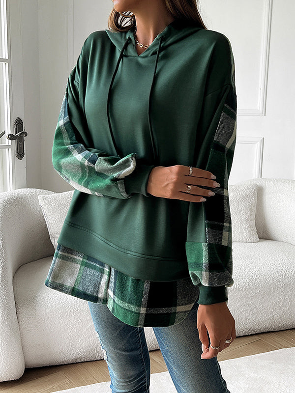 Hooded Long Sleeves Contrast Color Drawstring Plaid Pleated Hoodies Tops