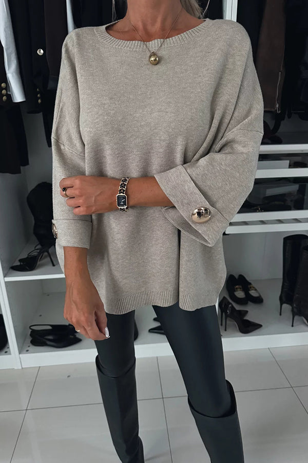 Elegance and Modern Knit Button Detail Half Sleeve Loose Sweater