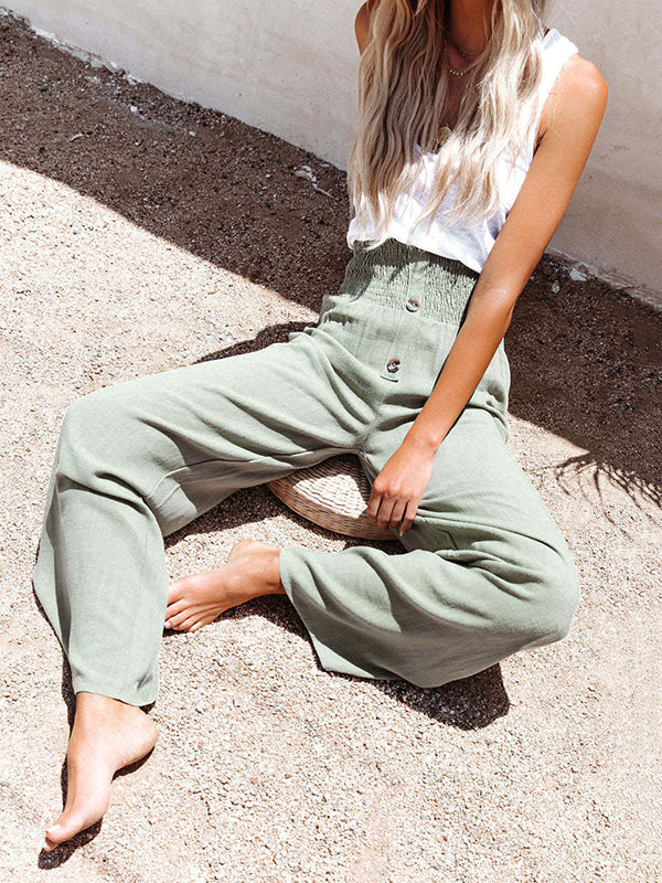 Loose Wide Leg Buttoned Elasticity Solid Color Pants Trousers