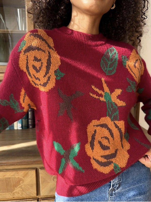 Long Sleeves Loose Flower Print Round-Neck Pullovers Sweater Tops