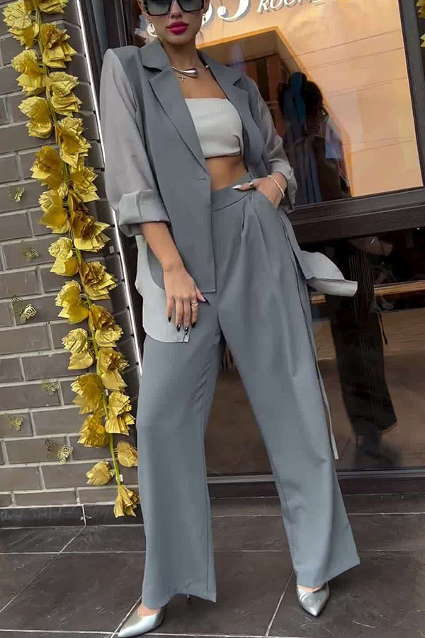 Chic and Elegant Chiffon Patchwork Irregular Lace-up Jacket and Pocketsed Straight-leg Pants Set