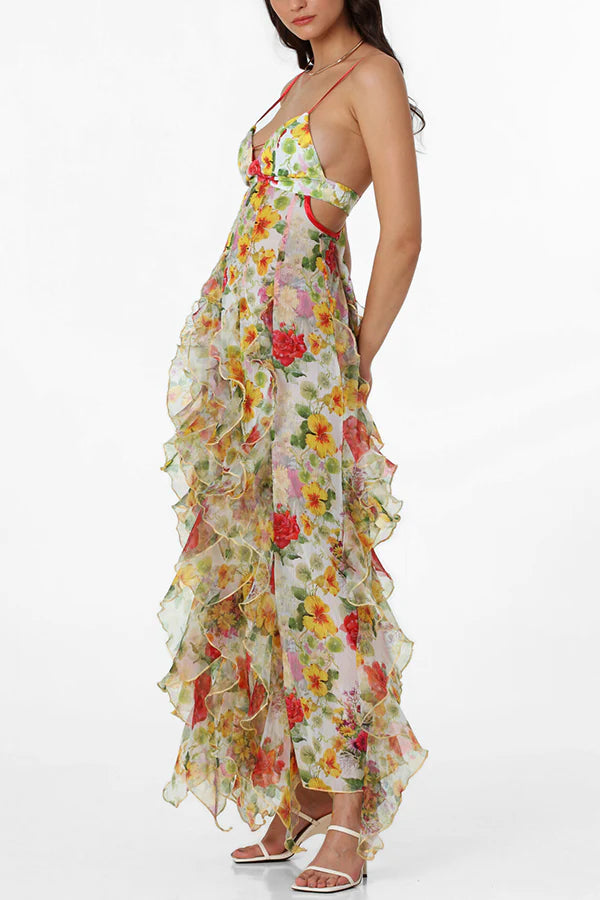 Sunrise Goddess Chiffon Roses Print Ruffles Tiered Trim Maxi Dress