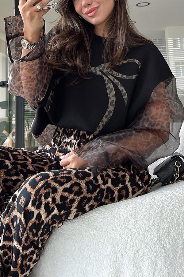 Nessa Leopard Bow Print Tulle Patchwork Sweatshirt and Elastic Waist Pocketsed Wide Leg Pants Set