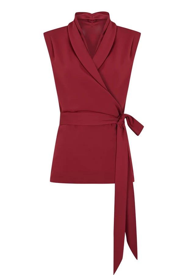 Calvi Ruched Neck Wrap Tie-up Blouse and High-waisted Slit Pencil Maxi Skirt Set