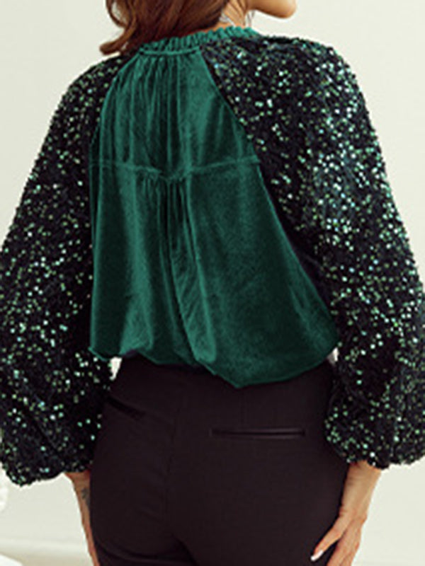 Long Sleeves Loose Buttoned Pleated Sequined Split-Joint Velvet V-Neck Blouses&Shirts Tops