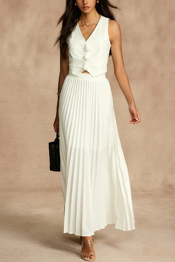 Stylish Rosette Sleeveless Tank Blouse & Pleated Maxi Skirt Set