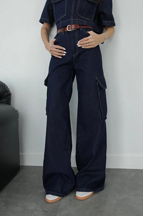 Free Breeze Denim High-waisted Pocketsed Wide Leg Cargo Jeans