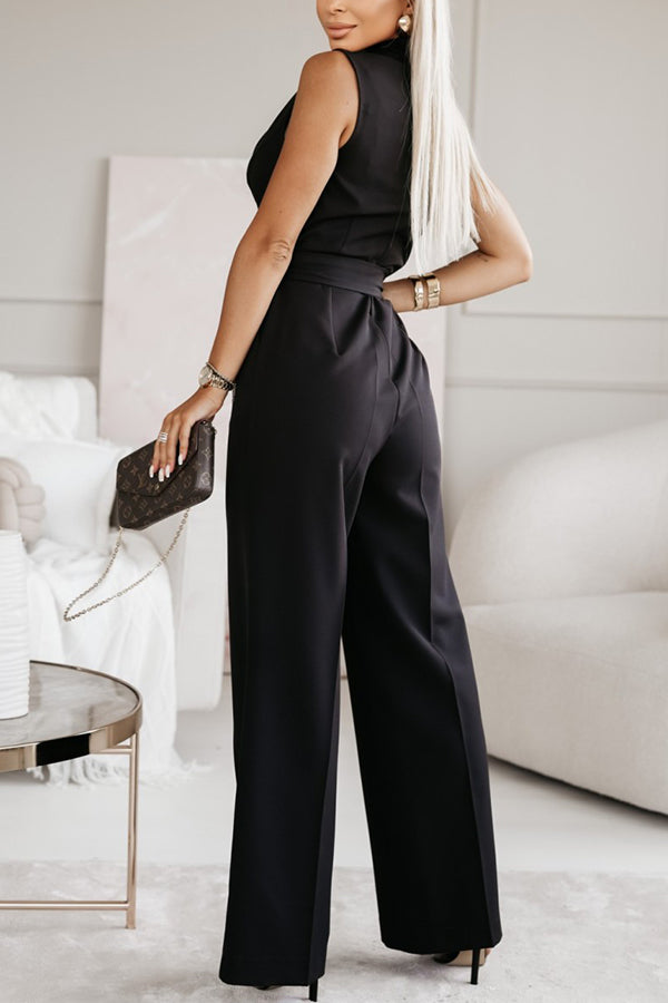 Make Your Entrance Lapel Belt Pocketed Wide Leg Formal Jumpsuit