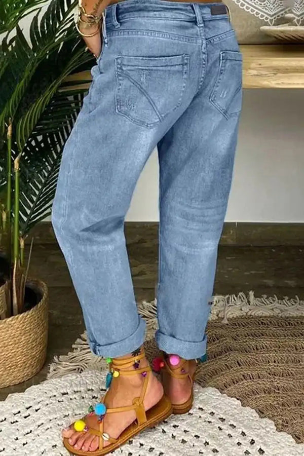 Stylish Ripped Low-rise Buttoned Pockets Baggy Straight-leg Jeans