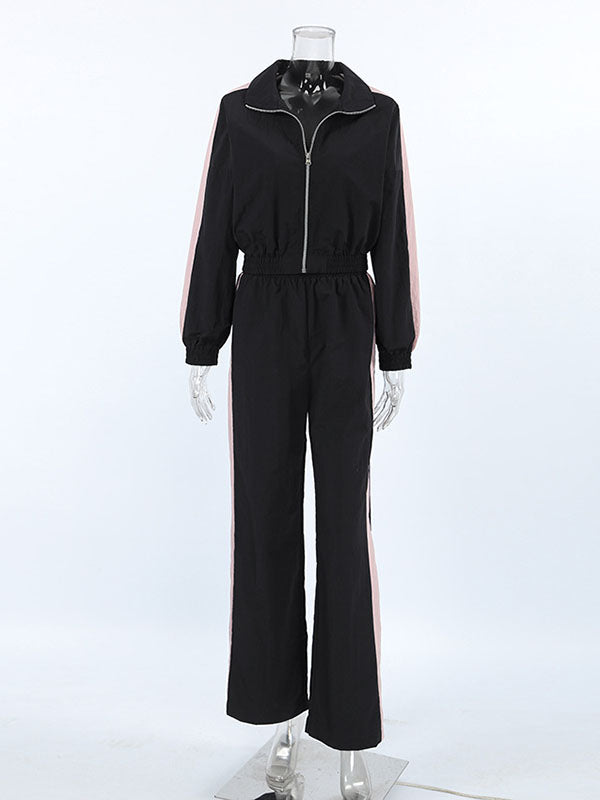 Long Sleeves Loose Contrast Color Zipper Lapel Outerwear Top + Elasticity Pants Bottom Two Pieces Set