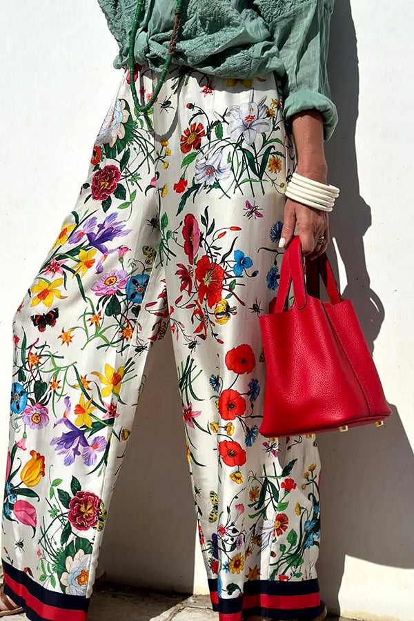 Fabulous Fiesta Satin Floral Unique Print Elastic Waist Pocketed Wide Leg Pants