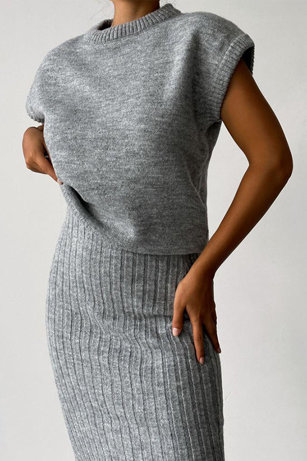 Triko Knit Short Sleeve Sweater and Stretch Ribbed Midi Skirt Set