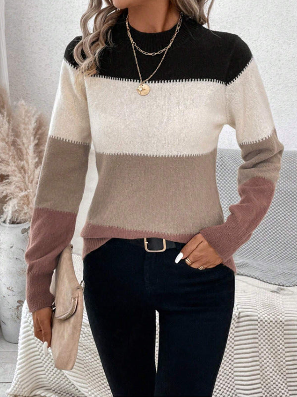 Long Sleeves Contrast Color Round-Neck Pullovers Sweater Tops