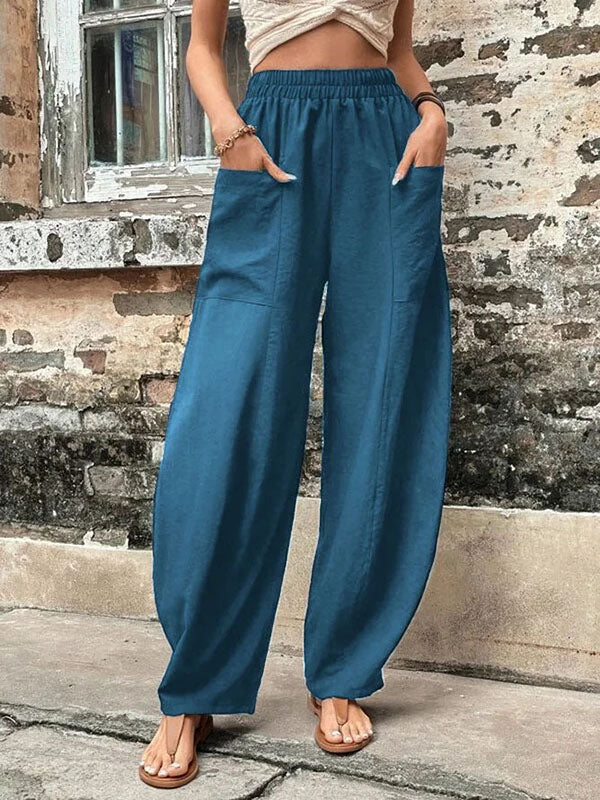 Loose Plus Size Elasticity Pockets Solid Color Pants