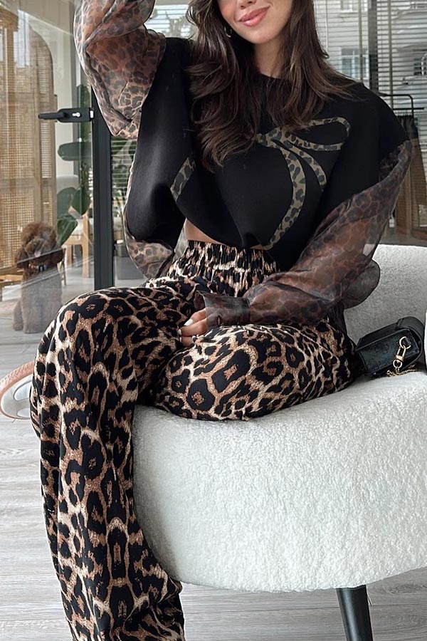 Nessa Leopard Bow Print Tulle Patchwork Sweatshirt and Elastic Waist Pocketsed Wide Leg Pants Set