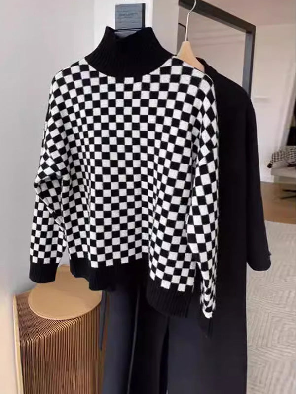 Long Sleeves Loose Contrast Color Plaid High Neck Pullovers Sweater Tops