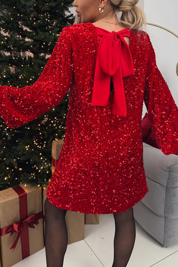 Velvet Sequin Back Bow Bell Sleeves Loose Mini Dress