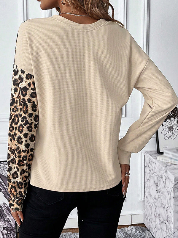 Long Sleeves Loose Contrast Color Leopard Split-Joint Round-Neck T-Shirts Tops