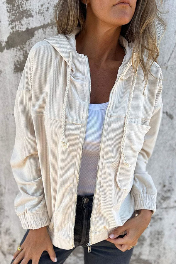 Monochrome Hooded Pockets Zippered Loose Jacket