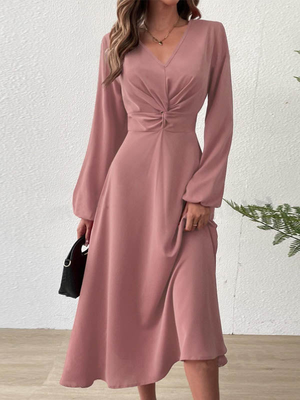 A-Line High Waisted Pleated Solid Color Zipper V-Neck Midi Dresses