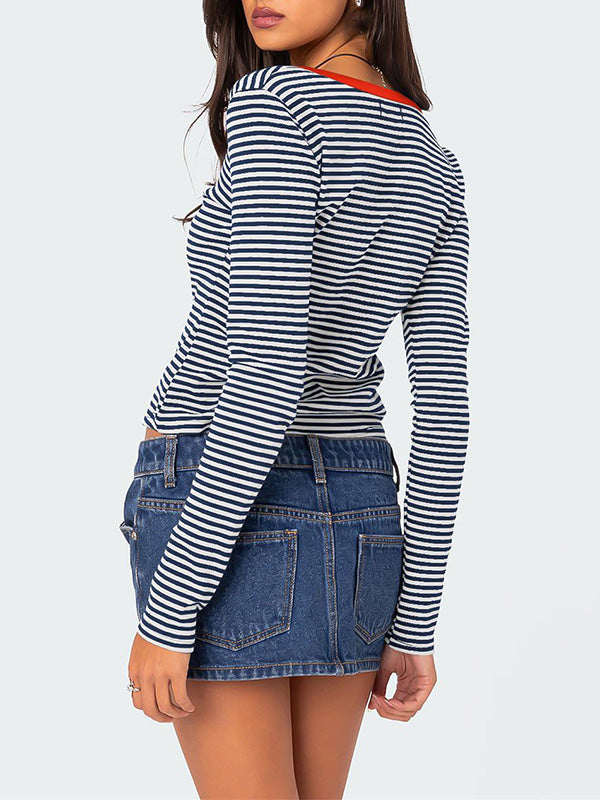 Long Sleeves Skinny Buttoned Contrast Color Striped V-Neck T-Shirts Tops