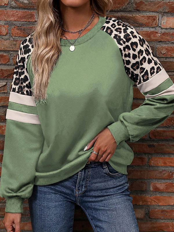 Loose Raglan Sleeve Contrast Color Leopard Split-Joint Round-Neck T-Shirts Tops