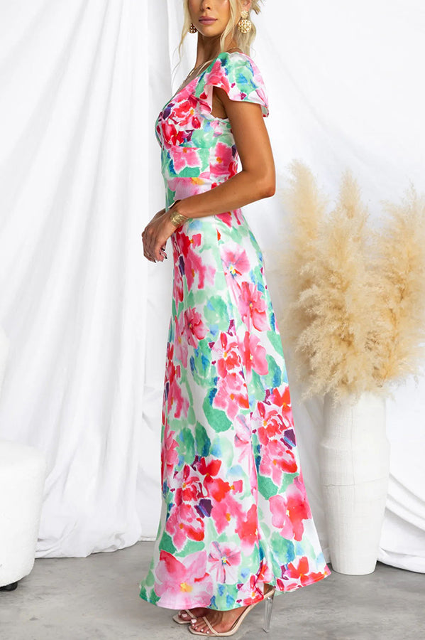 Say I Do Satin Floral Print Cap Sleeves Maxi Dress