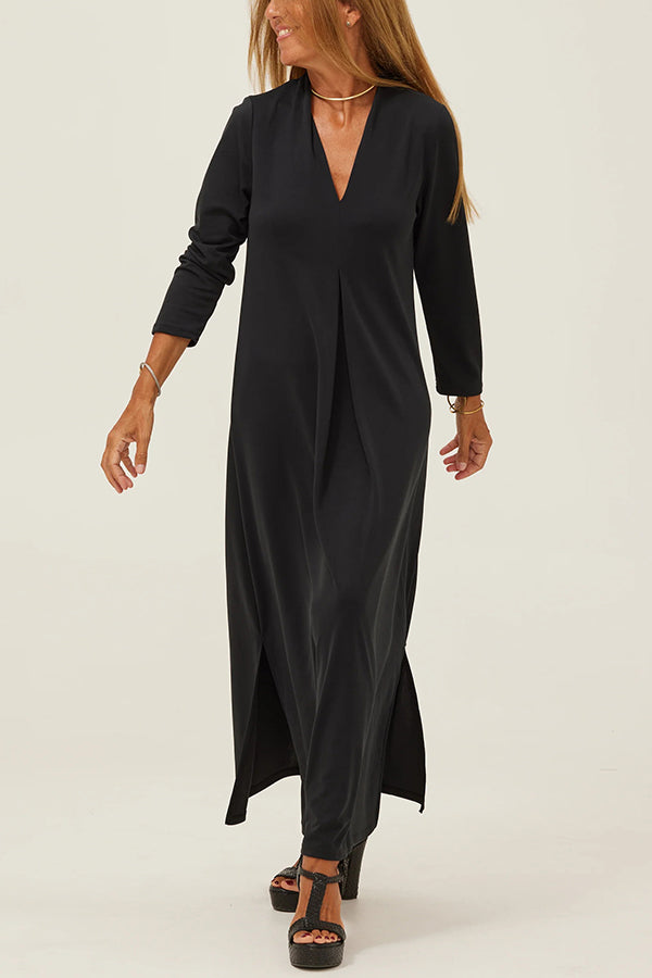 Solid Color V-neck Casual Slit Maxi Dress