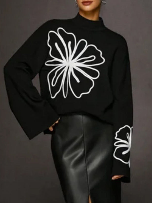 Long Sleeves Loose Contrast Color Flower Print Split-Joint High Neck Pullovers Sweater Tops