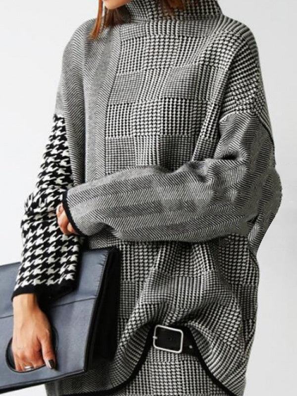 Long Sleeves Loose Houndstooth Plaid High Neck Pullovers Sweater Tops