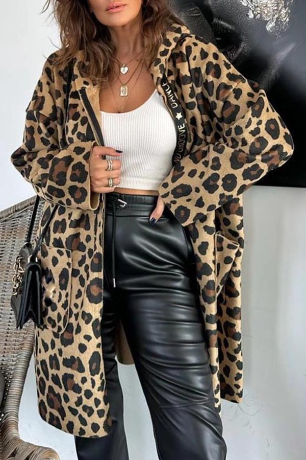 Fall Dreaming Animal Print Zipper Pockets Loose Hooded Midi Coat