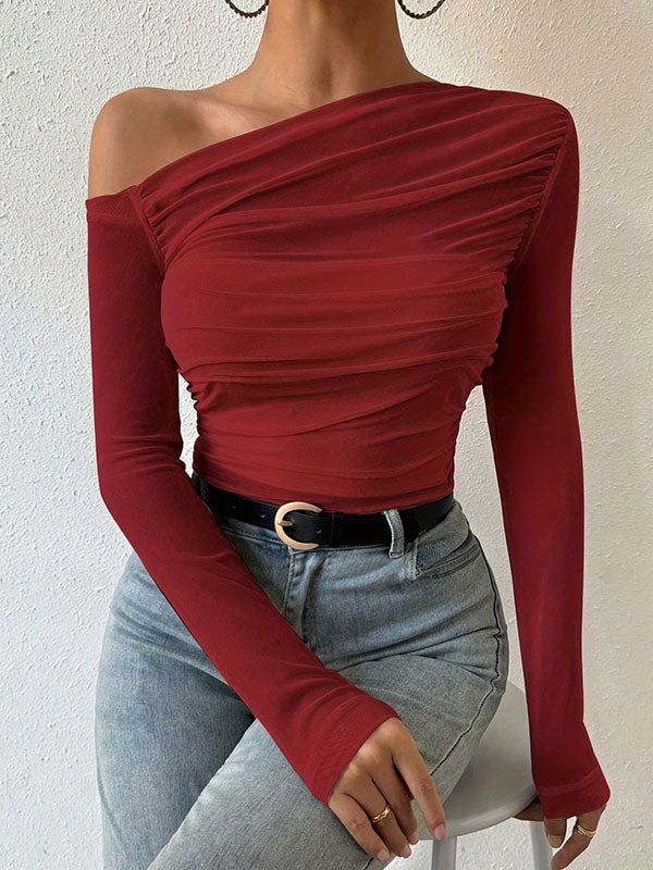 Long Sleeves Skinny Asymmetric Gauze Pleated See-Through Solid Color One-Shoulder T-Shirts Tops