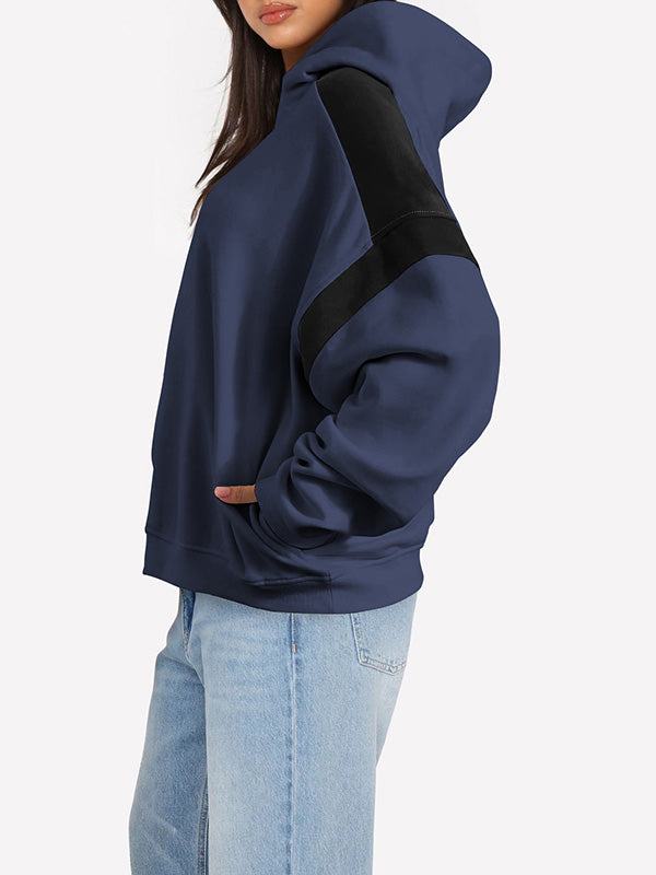 Hooded Long Sleeves Contrast Color Pockets Split-Joint Hoodies Tops