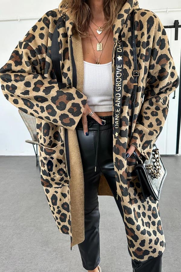 Fall Dreaming Animal Print Zipper Pockets Loose Hooded Midi Coat