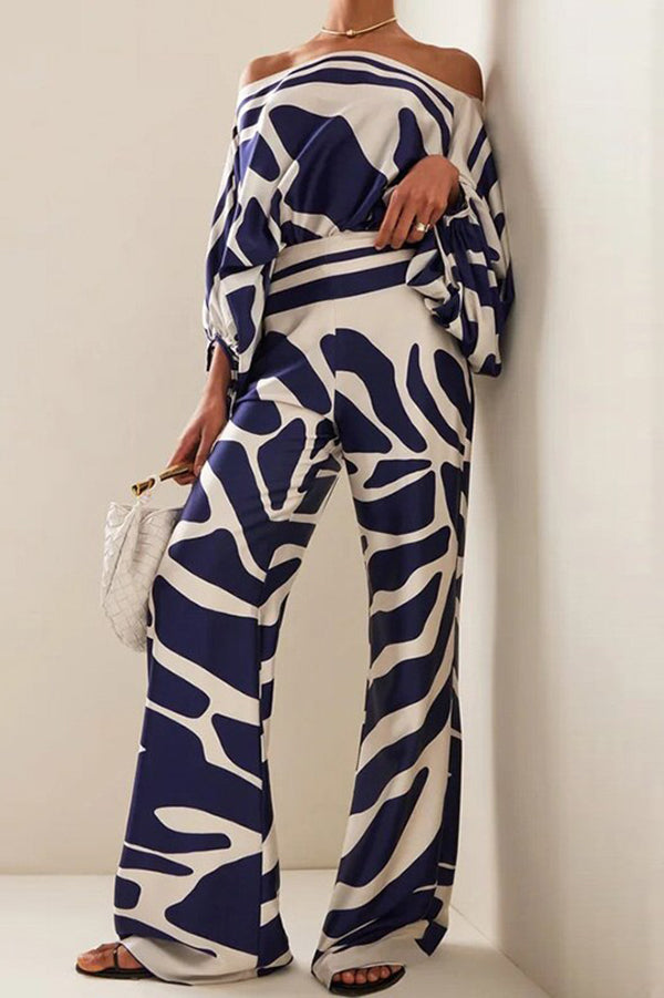 Coco Satin Unique Print Off Shoulder Dolman Sleeve Top and Loose Wide Leg Pants Set