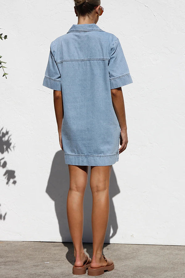 Amalie Light Denim Open Collar Pocketed Shift Style Mini Dress