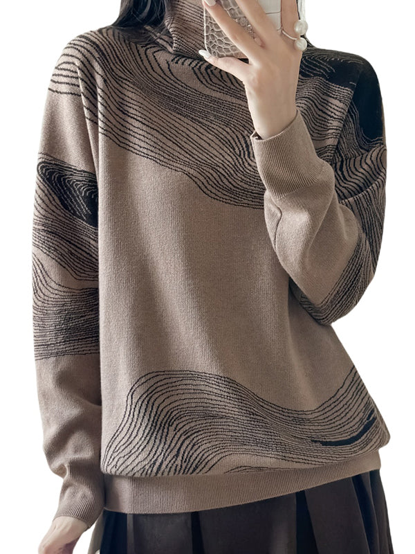 Long Sleeves Loose Contrast Color High Neck Pullovers Sweater Tops