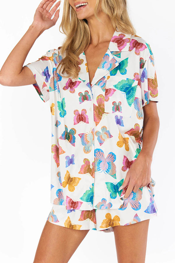 Summer Adventures Unique Print Pocket Loose Shirt and Elastic Waist Shorts PJ / Vacay Set