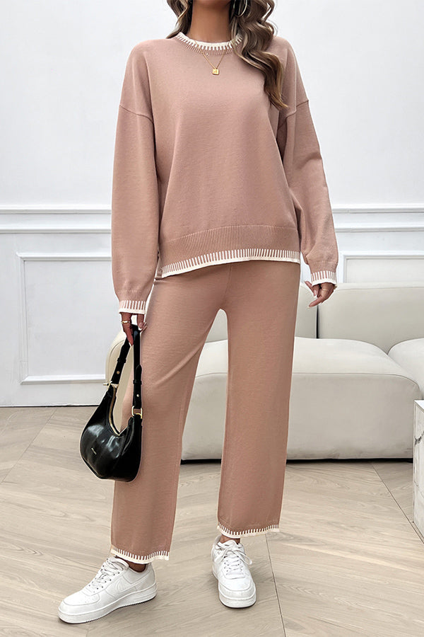 Home Casual Contrasting Color Knitted Sweater and Elastic Waist Loose Pants Set