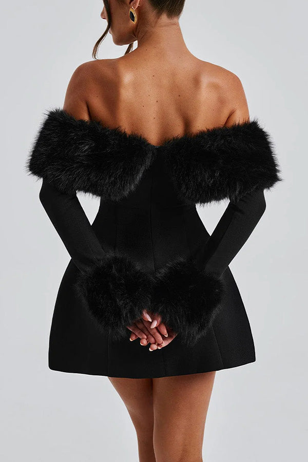 Cute and Luxe Faux Fur Trim Off Shoulder Bubble Shaped Mini Dress