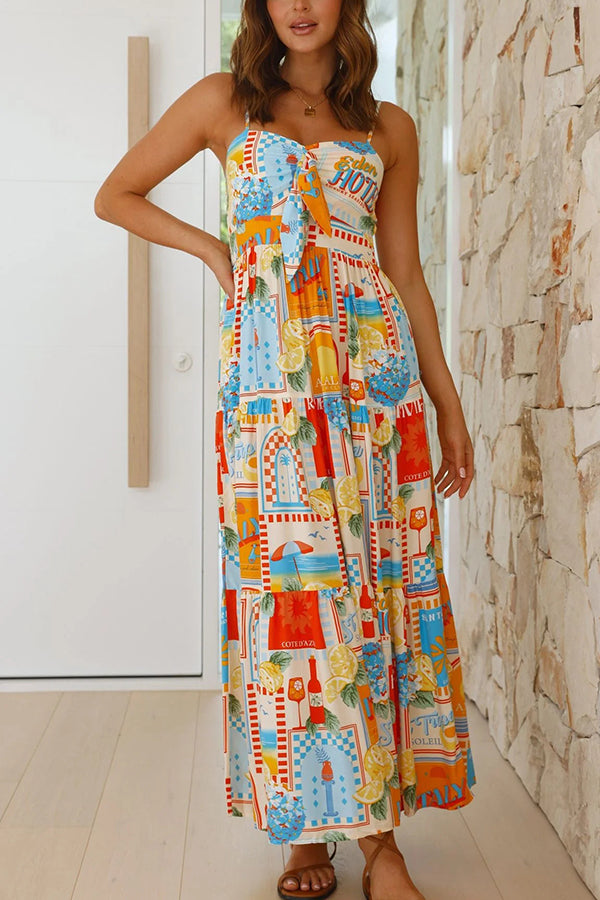 Radiant As Always Unique Print Front Tie-up Slip Maxi Dress